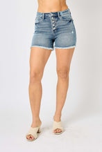 Load image into Gallery viewer, Judy Blue Button Fly Raw Hem Blue Denim Shorts
