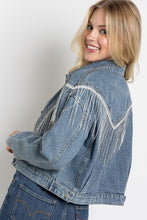 Ladda upp bild till gallerivisning, Sweet Generis Washed Rhinestone Fringe Cropped Denim Jacket
