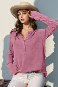 Double Take Solid Color Notched Thumbhole Long Sleeve Top