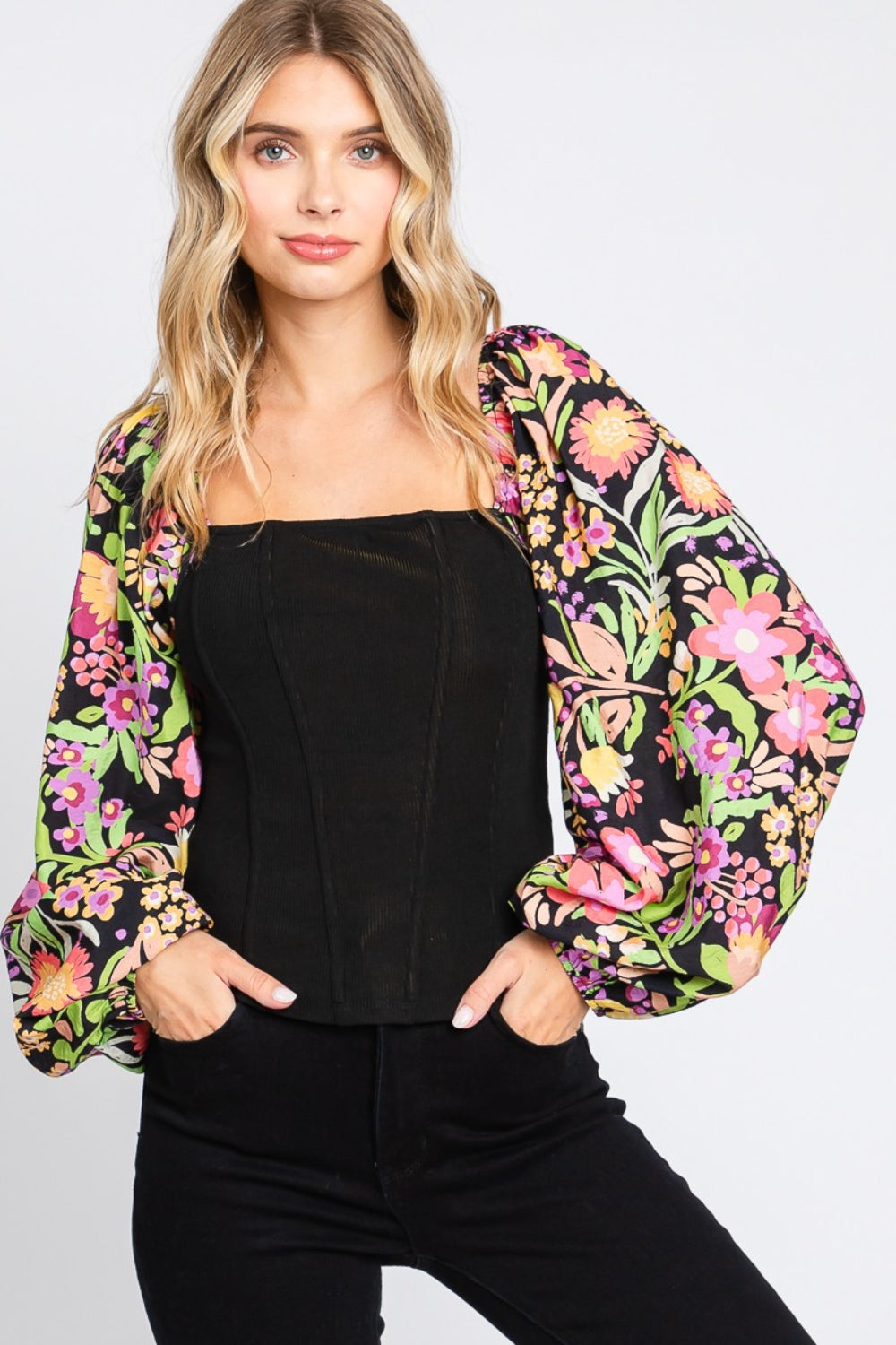 ODDI Floral Balloon Sleeve Top