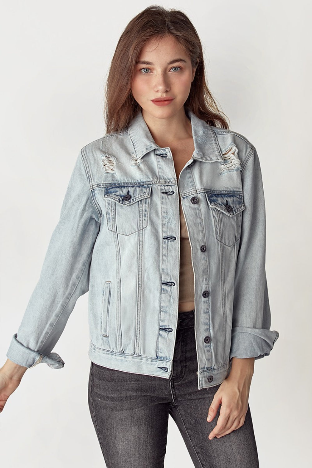 RISEN Distressed Button Up Blue Denim Jacket