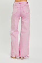 Load image into Gallery viewer, RISEN High Waisted Chewed Raw Hem Wide Leg Pink Denim Jeans
