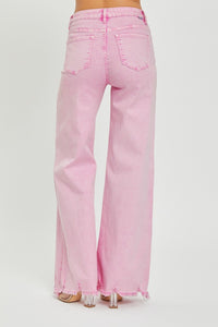 RISEN High Waisted Chewed Raw Hem Wide Leg Pink Denim Jeans