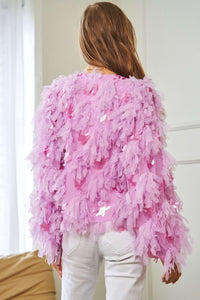 Davi & Dani Pink Fluffy Tiered Ruffled Long Sleeve Party Jacket