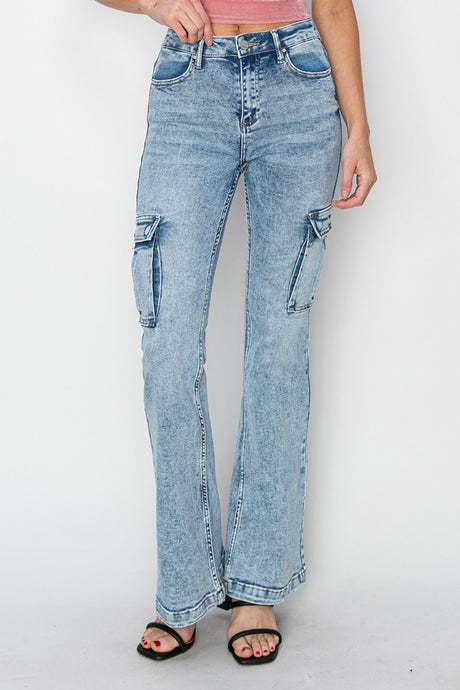 RISEN Blue Denim Cargo Flared Leg Jeans