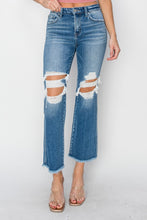 Load image into Gallery viewer, RISEN Mid Rise Distressed Cropped Blue Denim Flared Leg Jeans
