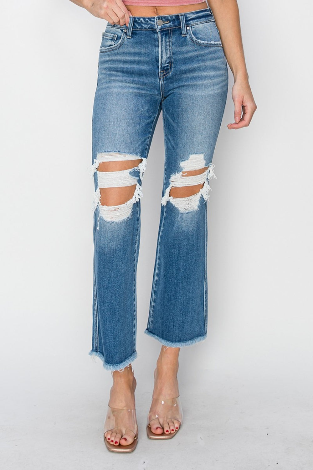 RISEN Mid Rise Distressed Cropped Blue Denim Flared Leg Jeans