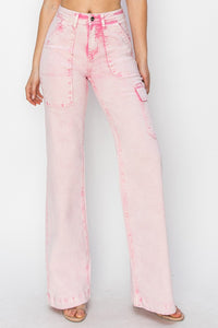 RISEN High Rise Cargo Pocket Pink Washed Denim Jeans