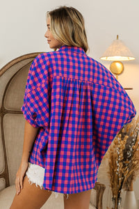 BiBi Plaid Button Down Dolman Sleeve Top