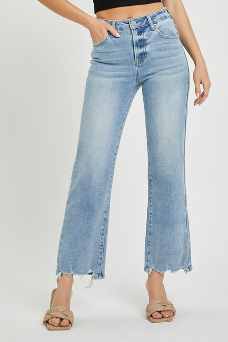 RISEN High Rise Raw Hem Blue Wash Denim Straight Leg Jeans