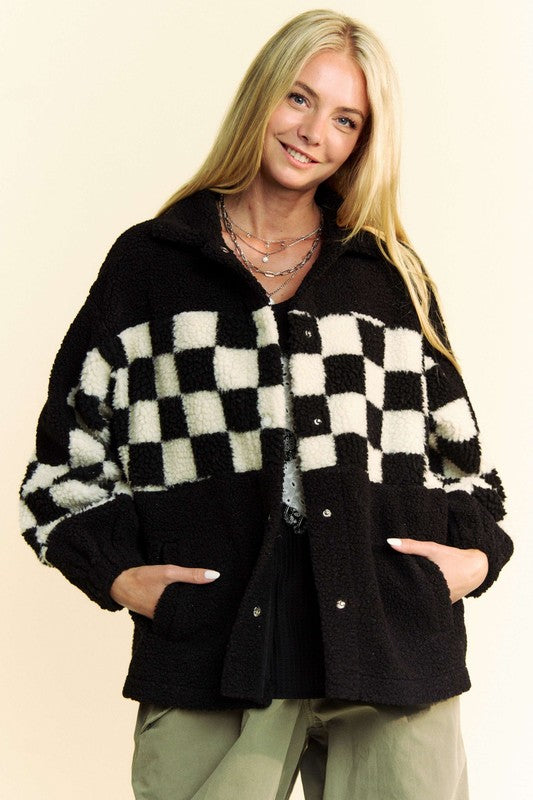 Davi & Dani Checkered Snap Down Vegan Fur Jacket