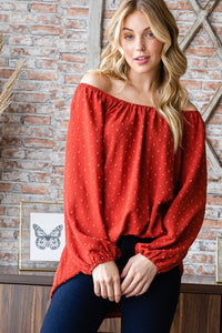 Heimish Red Swiss Dot Off Shoulder Top