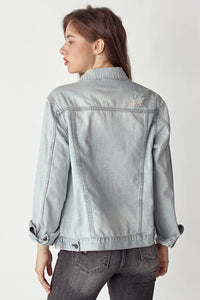 RISEN Distressed Button Up Blue Denim Jacket