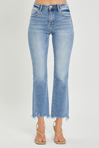 RISEN Raw Frayed Hem Cropped Straight Leg Blue Denim Jeans