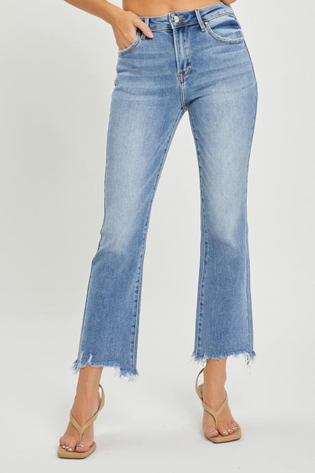 RISEN Raw Frayed Hem Cropped Straight Leg Blue Denim Jeans