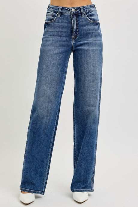 RISEN Tummy Control High Rise Straight Leg Blue Denim Jeans