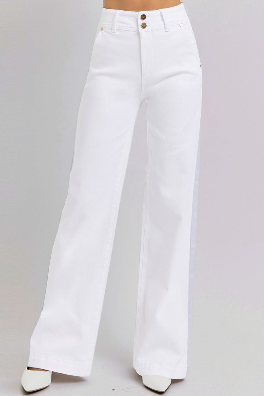 RISEN Tummy Control Double Button Wide Leg White Denim Jeans