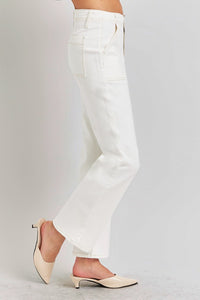 RISEN High Rise Ankle Flare Patch Pocket White Denim Jeans