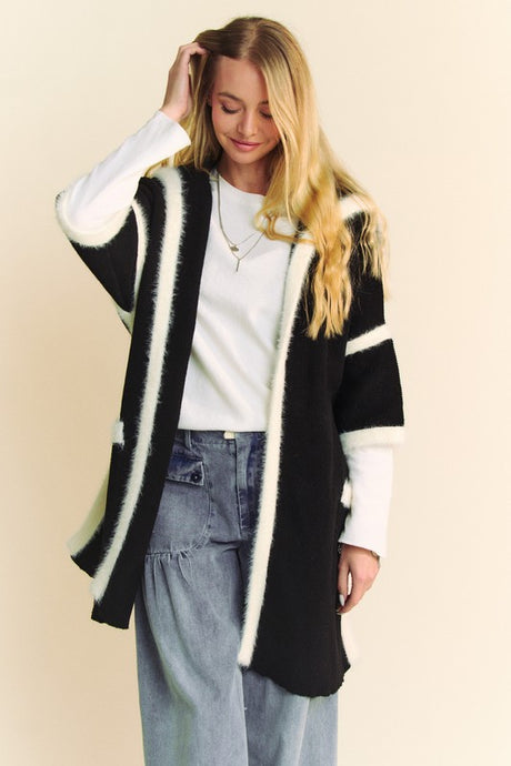 Davi & Dani Fuzzy Trim Open Front Cardigan