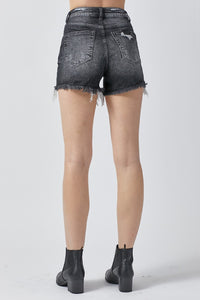 RISEN Distressed Chewed Raw Hem Black Denim Jean Shorts