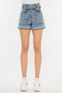 Kancan Ultra High Waisted Blue Denim Paper Bag Style Jean Shorts