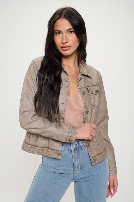 Coalition LA Khaki Button Down Cargo Vegan Leather Shacket