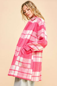 Davi & Dani Pink Plaid Open Front Longline Jacket