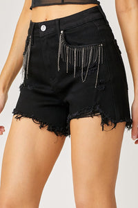 RISEN Fringe Detail Frayed Hem Black Denim Shorts