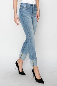 RISEN High Rise Cuffed Slim Straight Blue Washed Denim Jeans