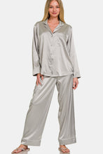 Carregar imagem no visualizador da galeria, Zenana Silver Satin Long Sleeve Shirt and Pants Loungewear Set
