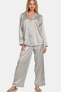 Zenana Silver Satin Long Sleeve Shirt and Pants Loungewear Set