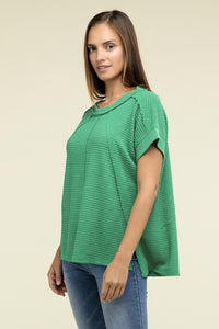 Zenana Brushed Waffle Exposed Seam Short Sleeve Top