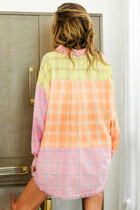 BiBi Plaid Color Block Raw Hem Button Down Shirt