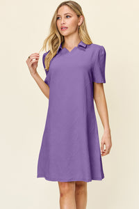 Double Take Solid Color Textured Collared Short Sleeve Dress