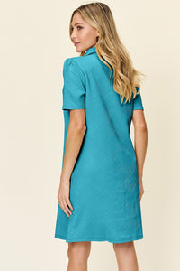 Double Take Solid Color Textured Collared Short Sleeve Dress