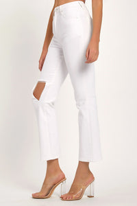 RISEN Distressed Cropped White Denim Straight Leg Jeans