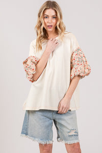 SAGE + FIG Solid Floral Contrast Bubble Sleeve Oversized Top