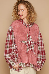 POL Star Patch Plaid Long Sleeve Hooded Top