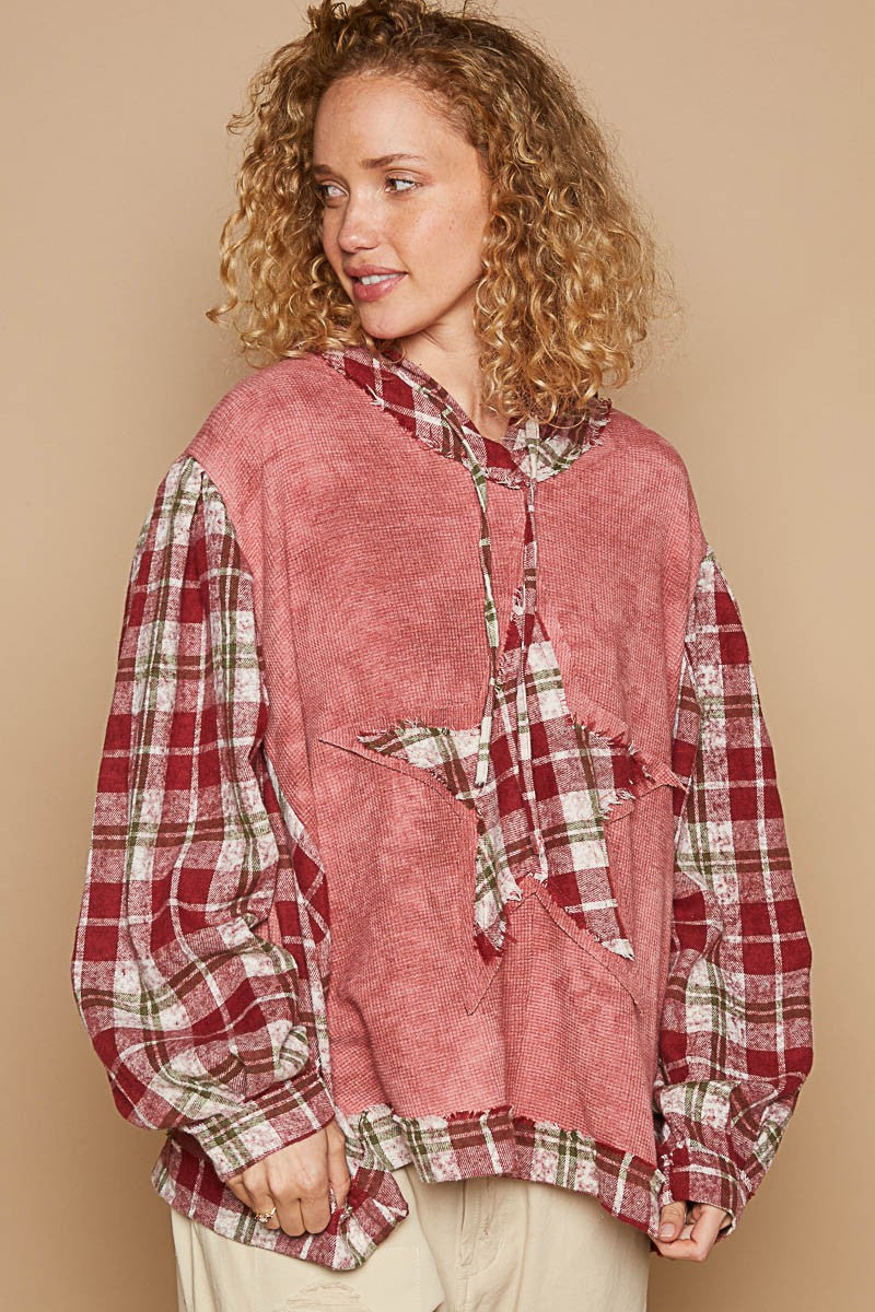 POL Star Patch Plaid Long Sleeve Hooded Top