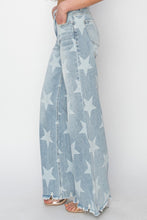 Load image into Gallery viewer, RISEN Star Pattern Raw Hem Wide Leg Blue Denim Jeans
