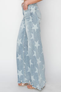 RISEN Star Pattern Raw Hem Wide Leg Blue Denim Jeans