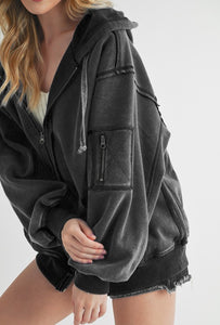 Aemi+Co Black Exposed Seam Zip Up Drawstring Hooded Jacket