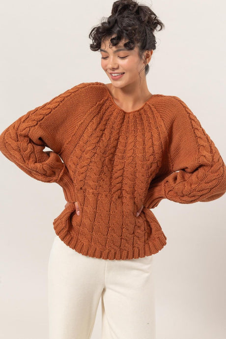 HYFVE Brown Raglan Sleeve Cable Knit Sweater