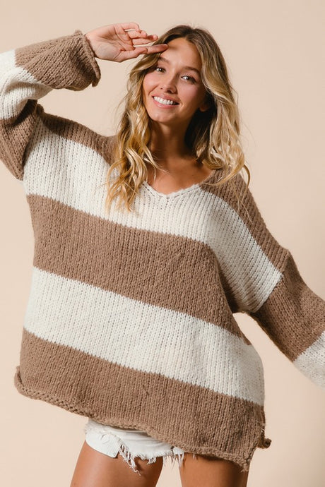 BiBi Striped Dropped Shoulder Knit Sweater