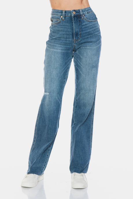 Judy Blue Tummy Control Cut Raw Hem Blue Denim Straight Leg Jeans