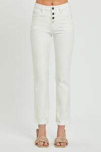 RISEN Mid Rise Tummy Control White Denim Straight Leg Jeans