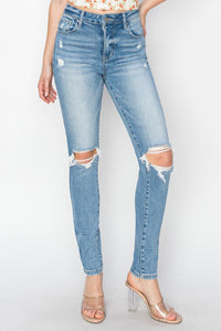 Risen High Rise Knee Distressed Skinny Blue Wash Denim Jeans