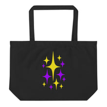 Carica l'immagine nel visualizzatore di Gallery, Astro Glow premium oversized black organic cotton tote bag featuring original purple and yellow abstract starburst artwork by Little Yellow Bungalow.
