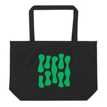 Cargar imagen en el visor de la galería, 1. Front Product Image

Front view of Green Theory premium oversized black organic cotton tote bag featuring original vibrant green abstract artwork with flowing sculptural shapes by Little Yellow Bungalow.
