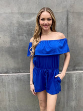 Load and play video in Gallery viewer, Culture Code Royal Blue Off The Shoulder Overlay Romper
